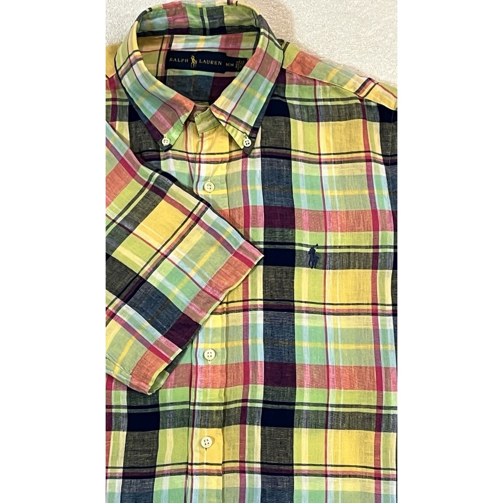 Polo Ralph Lauren 100% Linen Short Steve Button Mens M Yellow Plaid Pony Oxford